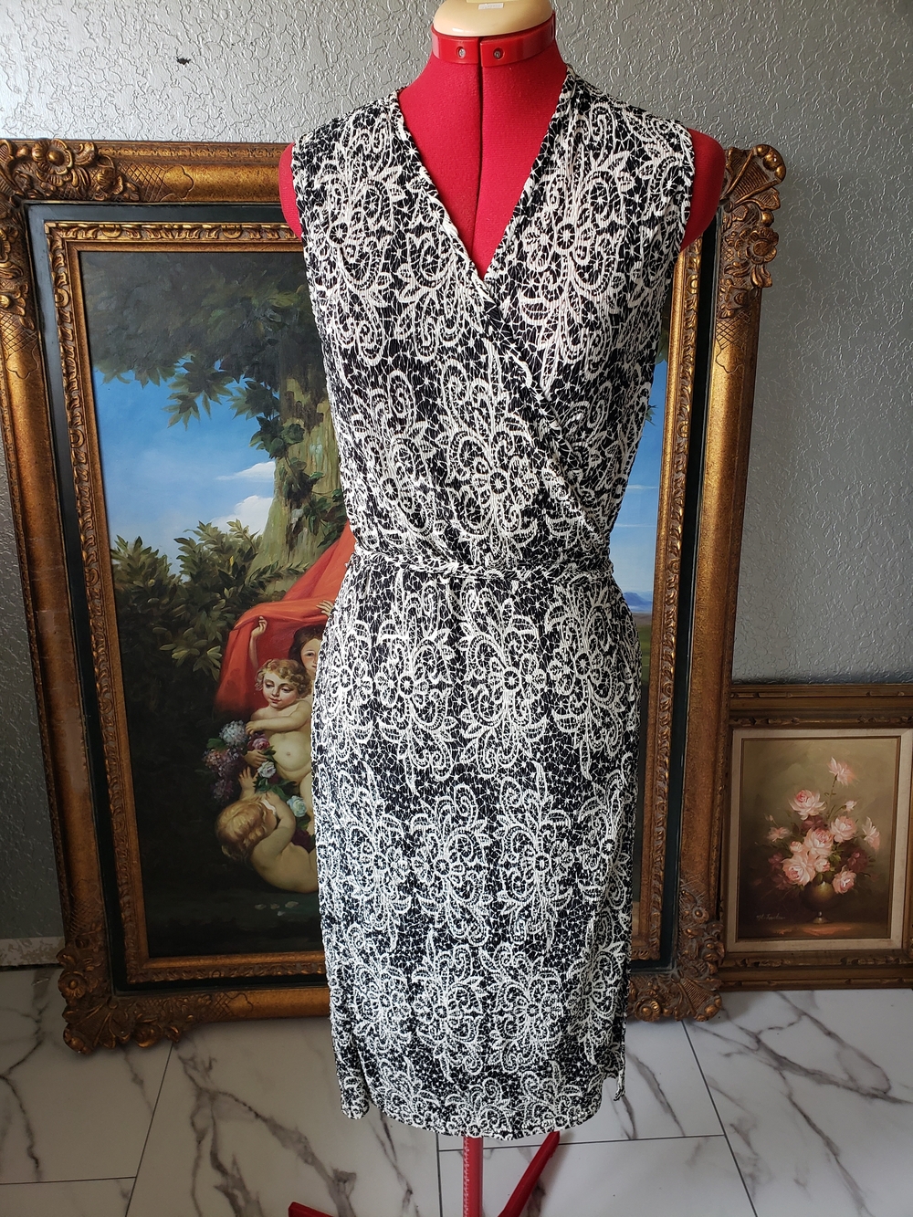 RAFAEL Black and White Lace-Print Faux-Wrap Midi Dress